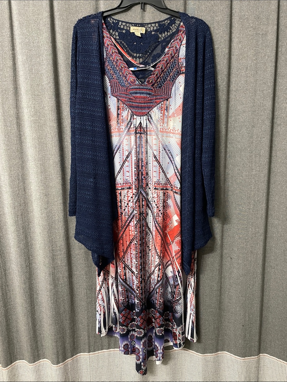 ONE WORLD Navy and Red Printed Boho Maxi Dress with Navy Cardigan